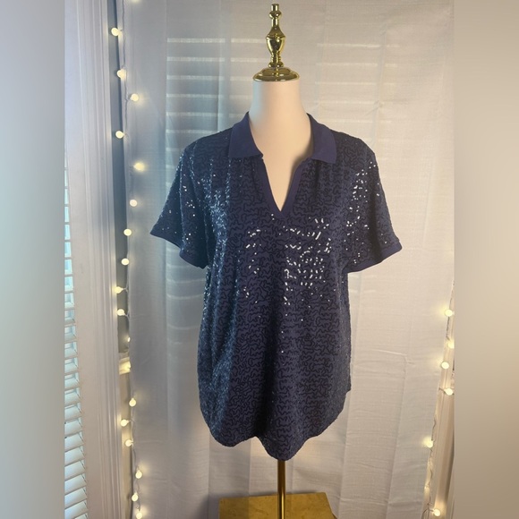 Isaac Mizrahi Blue Sequin Polo Blouse - Picture 1 of 7